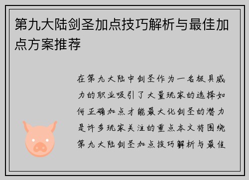 第九大陆剑圣加点技巧解析与最佳加点方案推荐